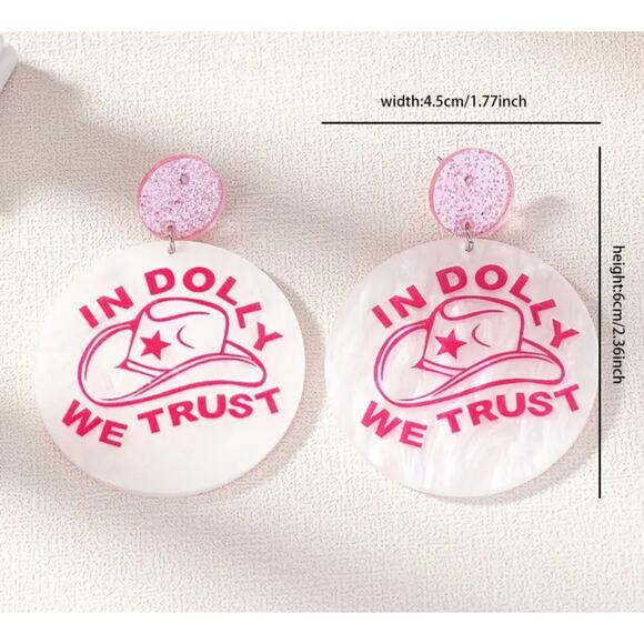 In Dolly We Trust Cowboy Hat Pink Glitter Earrings Dolly Parton Twinkle/Sparkle - Picture 1 of 2